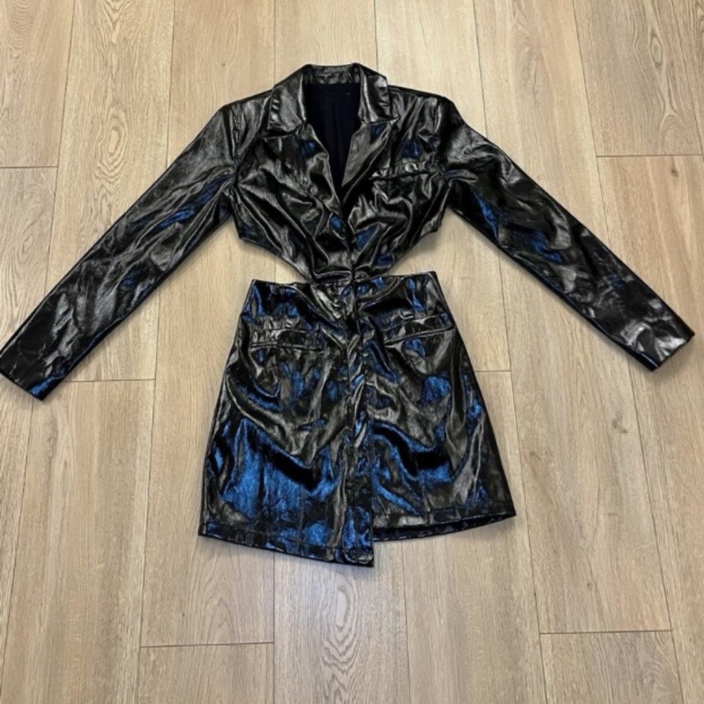 Faux leather Black Women's Jacket trench /mini skirt! cut out EUC!